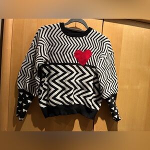 Unlabeled Vintage Black and White Zigzag Sweater with Red Heart